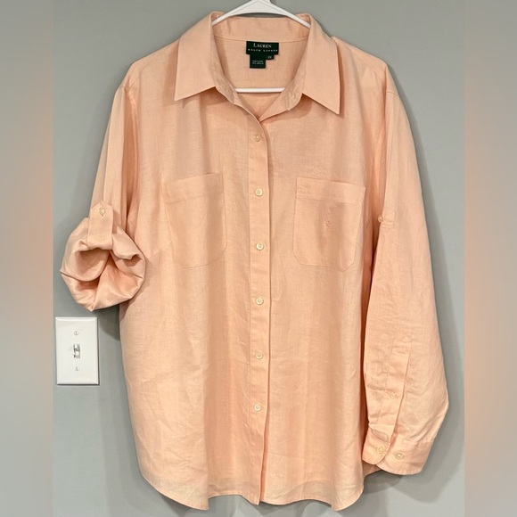 LAUREN by RALPH LAUREN Peach Linen CONVERTIBLE Button Down Blouse Shirt 2X - Picture 8 of 8